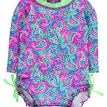 RuffleButts Baby Girls UPF 50+ Sun Protection Novelty Print Long Sleeve One Piece Rash Guard Swimsuit with Zipper - Neon Paisley Pop, 2T