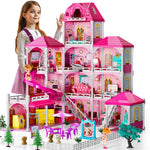 JUKUDAHU Villa Girls Toys for Kids Ages 2 3 4 5 6 7 - Indoor and Outdoor Toys for Ages 3-8 with 2 Dolls, Pretend Toddlers Playset with Accessories and Furniture, 4-8 Year Old Girl Birthday Gifts