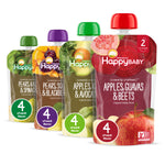 Happy Baby organic baby food pouches with various flavors on a white background