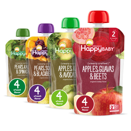 Happy Baby organic baby food pouches with various flavors on a white background