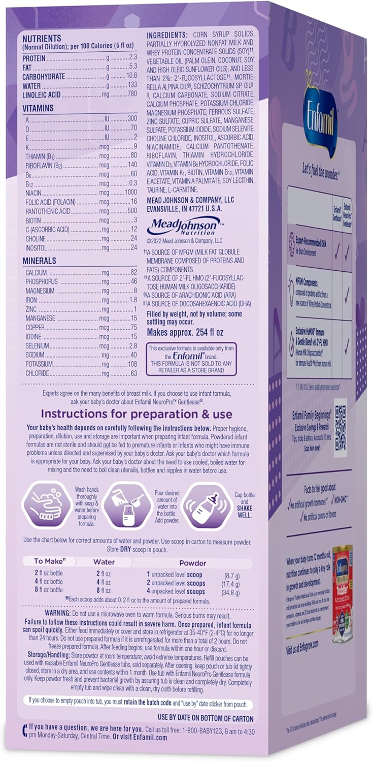 Enfamil NeuroPro Gentlease Baby Formula, Brain Building DHA, HuMO6 Immune Blend, Designed to Reduce Fussiness, Crying, Gas & Spit-up in 24 Hrs, has Prebiotics to Promote Softer Stools, Baby Milk, 35.2 Oz (Pack of 4)