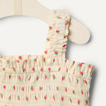 Amazon Essentials x Sofia Grainge Baby Girls' Woven Sleeveless Ruffle Romper, Bright Pink Little Strawberries, 6-9 Months