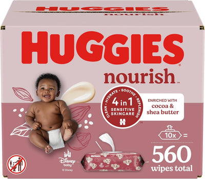 Huggies Nourish baby wipes packaging with a baby illustration on a pink background
