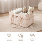 Konssy Floral Quilted Diaper Caddy Organizer, Diaper Caddy Basket with PU Leather Handles, Water-Repellent Nursery Storage Basket, Portable Car Organizer, Registry Search Must Haves (Floral)