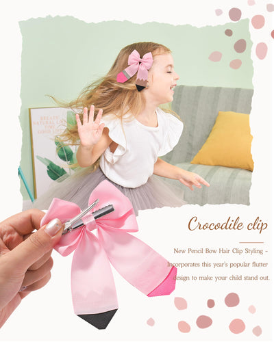 doboi Hair Bows for Girls 2PCS Back to School Pencil Hair Bow 3.3 In Glitter Hair Bows with Alligator Clips Handmade Hair Accessories for Girls Babies Toddlers Teens Teacher (PINK)