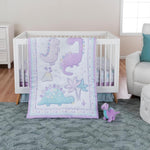 Sammy & Lou Tiny Dinos 4-Piece Baby Nursery Crib Bedding Set for Girls, Includes Quilt, Fitted Crib Sheet, Crib Skirt, and Plush Toy