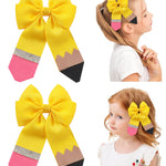 doboi Hair Bows for Girls 2PCS Back to School Pencil Hair Bow 3.3 In Glitter Hair Bows with Alligator Clips Handmade Hair Accessories for Girls Babies Toddlers Teens Teacher (YELLOW)