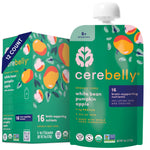 Cerebelly organic baby food packaging for white bean pumpkin apple puree.