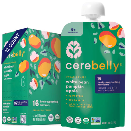 Cerebelly organic baby food packaging for white bean pumpkin apple puree.
