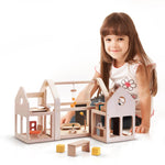 PlanToys Slide and Go Dollhouse - Chemical-Free Wooden Toy Featuring 3 Units with 20 Furniture Pieces