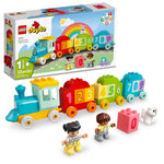 LEGO Duplo number train set with packaging and figures on a white background