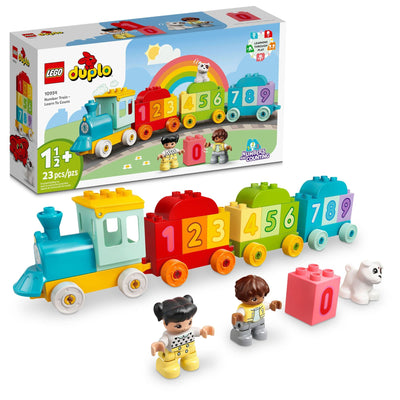 LEGO Duplo number train set with packaging and figures on a white background