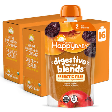 HappyBaby digestive support blends packaging on a white background