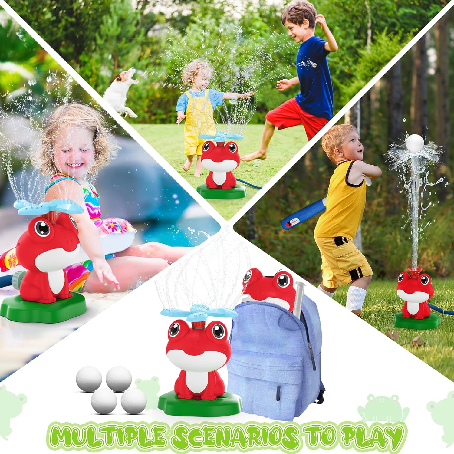 2-in-1 Water Sprinkler Baseball Toy for Kids Outdoor Play, 360° Rotating Spray and 2 Sprinkler Heads for Splashing and T-Ball Games, Summer Backyard Lawn Activities for Toddler Ages 3+ (Red)