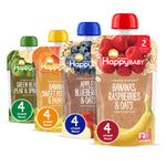 Five packages of Happy Baby organic baby food pouches on a white background