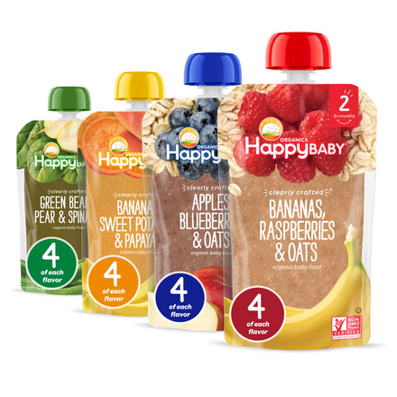 Five packages of Happy Baby organic baby food pouches on a white background