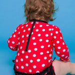 RuffleButts Baby Girls UPF 50+ Sun Protection Polka Dot Long Sleeve One Piece Rash Guard Swimsuit with Zipper - Red Vintage Polka, 3T