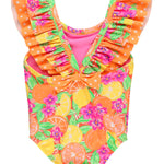 RuffleButts Girls UPF50+ Sun Protection Ruffle V-Back One Piece Swimsuit - Neon Squeeze The Day, 2T