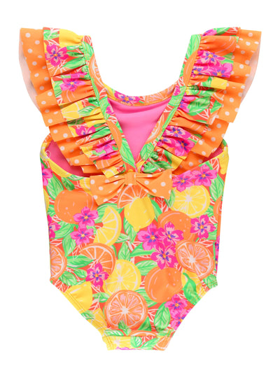 RuffleButts Girls UPF50+ Sun Protection Ruffle V-Back One Piece Swimsuit - Neon Squeeze The Day, 2T