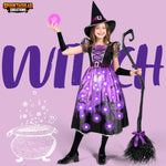 Spooktacular Creations Light-up Witch Costume for Girls, Toddlers Purple Print Witch Outfit Set with Broom Hat Sleeves for Kids Halloween Dress Up Parties, S