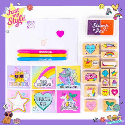 Just My Style Wood Stamp Set by Horizon Group USA, 15 Wooden Stamps, Scrapbooking Sheets, Colorful Markers, Stationery Set, 2-Tone Stamp Pad
