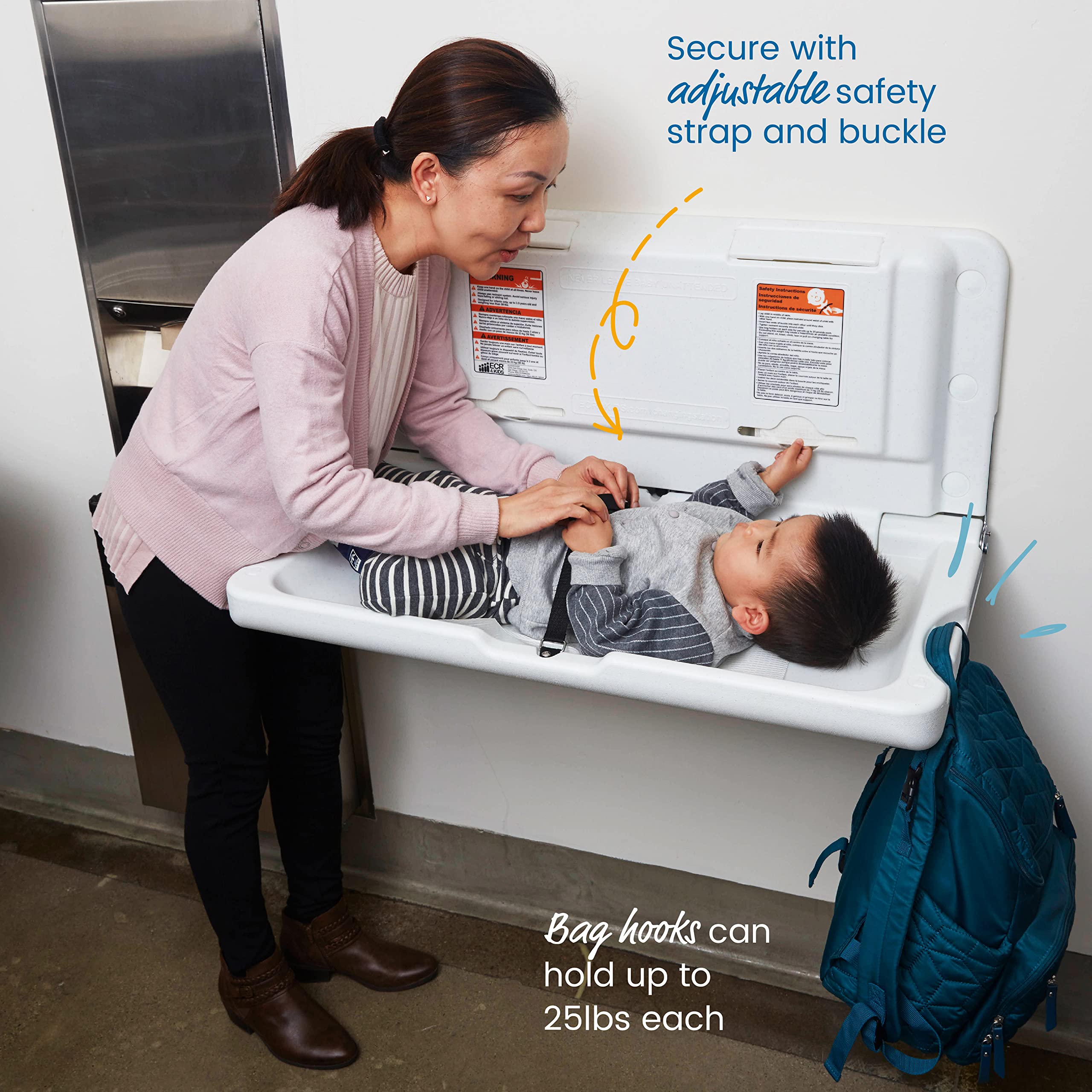 ECR4Kids Horizontal Wall-Mounted Changing Station, Baby Changer, White ...
