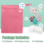 wegreeco Cloth Diapers 6 Pack with 6 Inserts & 1 Wet Bag, Washable Cloth Diapers for Babies, One Size Adjustable Reusable (Flower)