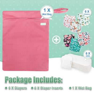 wegreeco Cloth Diapers 6 Pack with 6 Inserts & 1 Wet Bag, Washable Cloth Diapers for Babies, One Size Adjustable Reusable (Flower)