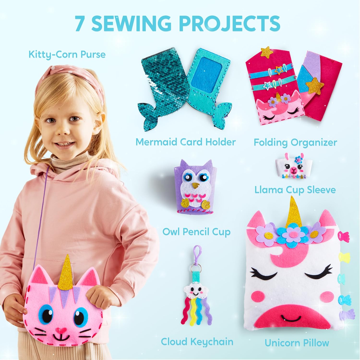 Klever Kits 7 Sewing Projects- My First Felt Sewing Kit- Easy DIY Wildlife Artworks of Unicorn Pillow and Mermaid Card Holder, Gift for Kids Aged 6+