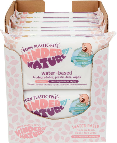 Box of Kindery by Nature water-based biodegradable wipes with pink and white design.