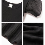 PATPAT Girls Puff Sleeve Shirt Size 8-9 Ribbed Short Sleeve Black Mesh Shirt Girls Black Dress Blouse Back to School Clothes Smocked Blouse Summer Tops