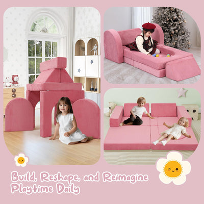 MeMoreCool Elegant Corduroy 10-Piece Kids Play Couch, Modular Foam Sofa Fort Building Set for Girls, Convertible Toddler Couch with Washable Covers for Playroom and Bedroom, Vintage Rose Pink