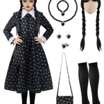 Spooktacular Creations Girls Halloween Black Costume, Black Floral Print Dress with Wig and Stocks for Girls Kids Halloween Dress Up and Role-Playing(Large(10-12 yrs))