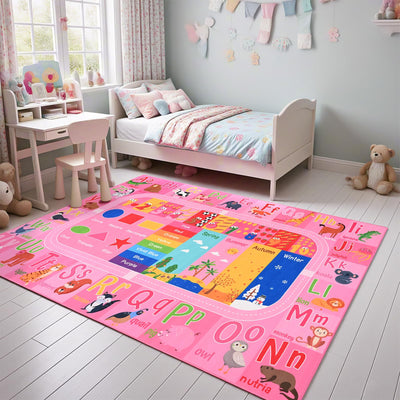 Flagover Pink Kids Rug for Playroom Classroom, ABC Alphabet Numbers Play Toddlers Rugs, 3x5 Learning Educational Bedroom Floor Mat, Washable Baby Carpet for Girls Room, Nursery, Preschool, Daycare