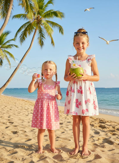 PATPAT 2 Pack Girls Ruffle Sleeve A-Line Dresses, Soft Breathable Spring Summer Sundress Set, Pink Rose Print, 5–6 Years