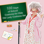 FAYBOX 9 pcs Old Lady Costume for Kids,100 Days of School Costume Old Lady Wig for Girls, Granny Grandma Dress Up