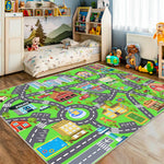 Kids Room Rug - Soft & Non-Slip 4x5 Ft Town Car Rugs City Map Play Mat, Childrens Road Carpet Washable Playmat for Classroom Nursery Bedroom Boys