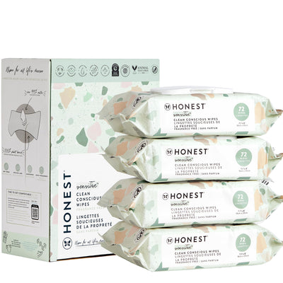 Honest brand baby wipes with packaging on a white background