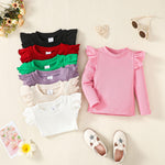 OPAWO Toddler Girl Shirts Ruffle Long Sleeve Baby Tee Tops, Ribbed Toddler Girl Blouse, Fall Baby Girl Clothes 2-Pack 12M-4T(Burgundy Apricot, 12-18 Months)