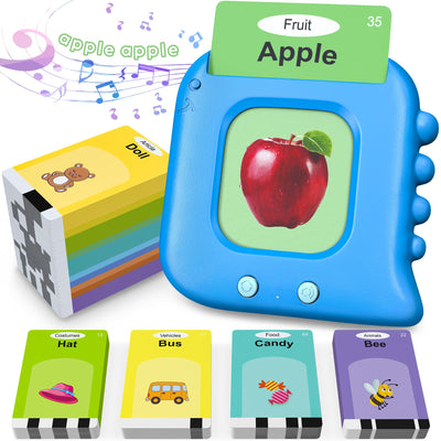 Educational toy with card displaying an apple, surrounded by other educational cards and a colorful cube.