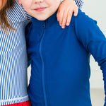 RuffleButts UPF50+ Sun Protective Unisex Long Sleeve Full Zip Rash Guard - Navy, 12-18m