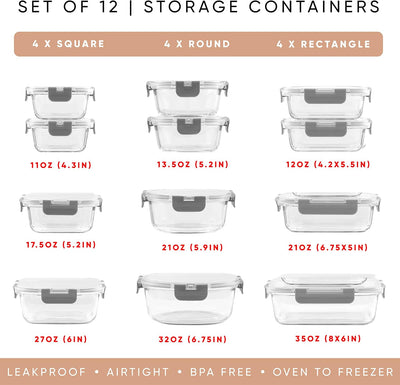 JoyJolt 24pc Borosilicate Glass Storage Containers with Lids | 12 Airtight/Freezer Safe Food Storage Containers for Pantry and Kitchen | Meal Prep Container for Lunch | Glass Tupperware Set