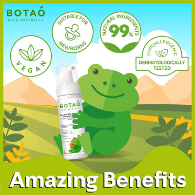 BOTAO Baby Sensitive Tear Free Foaming natural Shampoo & Body Wash – Fragrance Free 99% Natural Ingredients Ultra Gentle Vegan Baby Shampoo & Body Wash