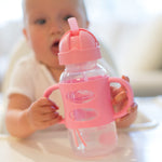 Dr. Brown's Milestones Wide-Neck Sippy Straw Bottle, Spill-Proof with 100% Silicone Handles and Weighted Straw, 9 oz/270 mL, Gray & Pink, 6m+, 2-Pack