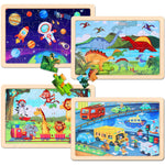 Wooden Educational Jigsaw Puzzles for Preschool Kids Ages 3-5, 4-Pack with 20 Pieces Dinosaur, Space, Transportation Wood Puzzles Set, Toddler Brain Teaser Toys, Gifts for Boys Girls Ages 3 4 5 6