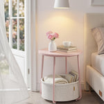 SONGMICS HOME Small Side Table, Round End Table, 2 Tier Nightstand with Basket, U Shaped Steel Legs, Easy Assembly, for Living Room, Bedroom, Pink and White