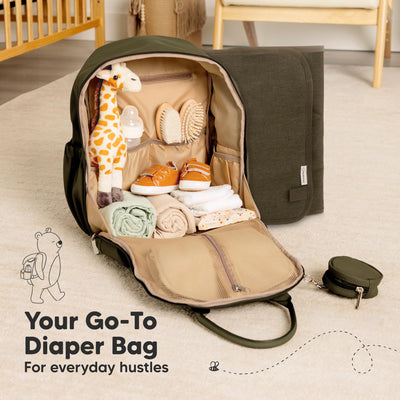 KeaBabies Diaper Bag Backpack - Multifunctional Travel Diaper Back Packs, Maternity Baby Changing Bags, Compact 18L Capacity, PU Leather, Waterproof, Unisex, Nappy Changing Pad (Dark Olive)