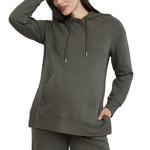 Motherhood Maternity Women's Long Sleeve Fleece Tunic Pullover Pregnancy Hoodie with Side Slits and Kangaroo Pocket, Green Depths, Medium