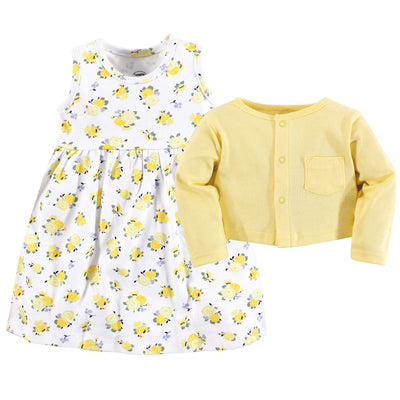 Luvable Friends Baby and Toddler Girl Dress and Cardigan, Yellow Floral, 9-12 Months