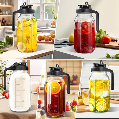 64oz Glass Pitcher with Lid, 2 Quart Mason Jar Pitchers with Lid and Spout, Wide Mouth Breast Milk Pitcher Glass Jug Sun Tea Pitchers, Cold Brew Coffee pitcher, Fridge Container for Water, Juice, Tea
